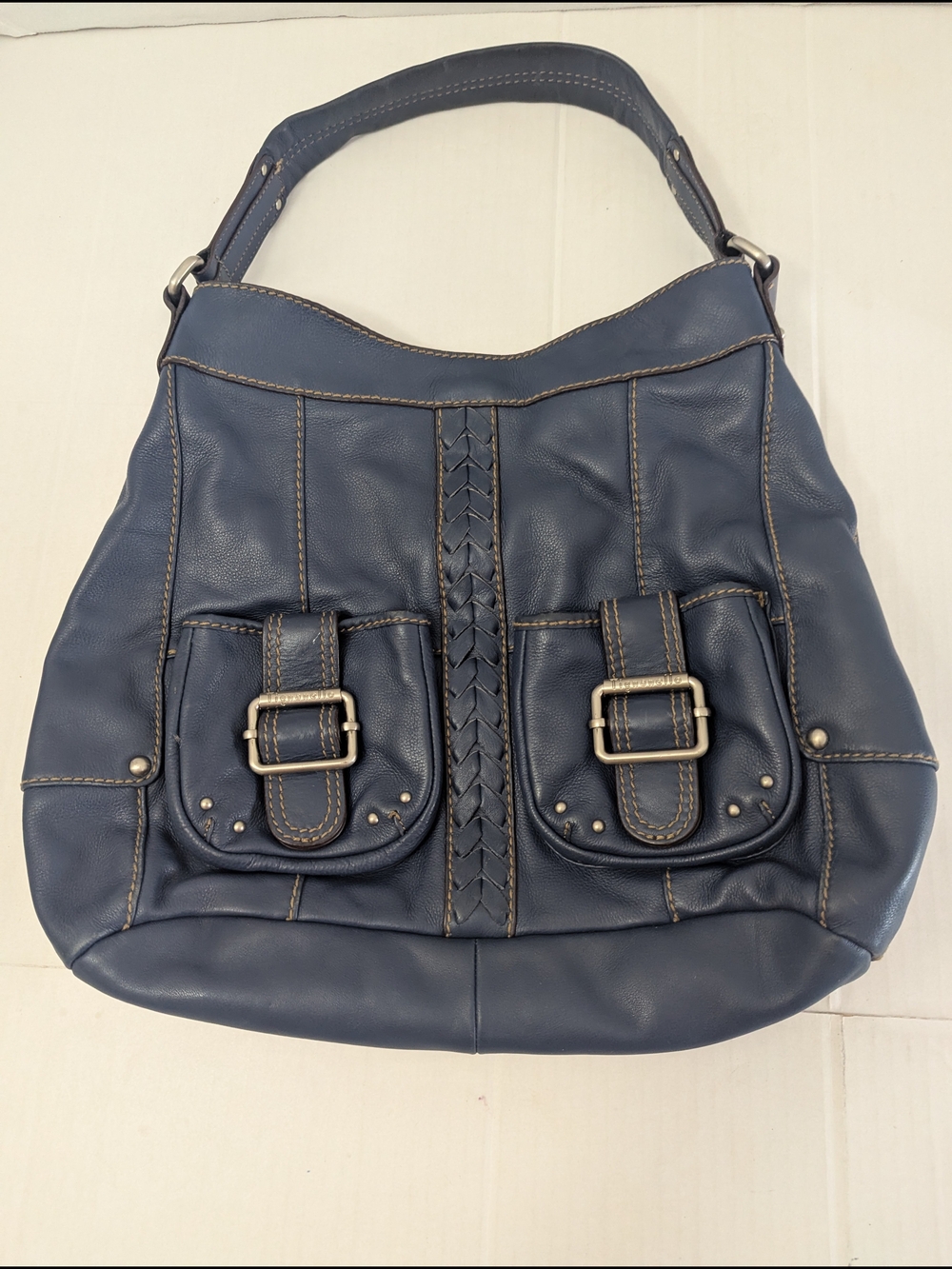 Tignanello Leather Hobo Navy Shoulder Bag Dual Front Pockets Magnet Top Closure